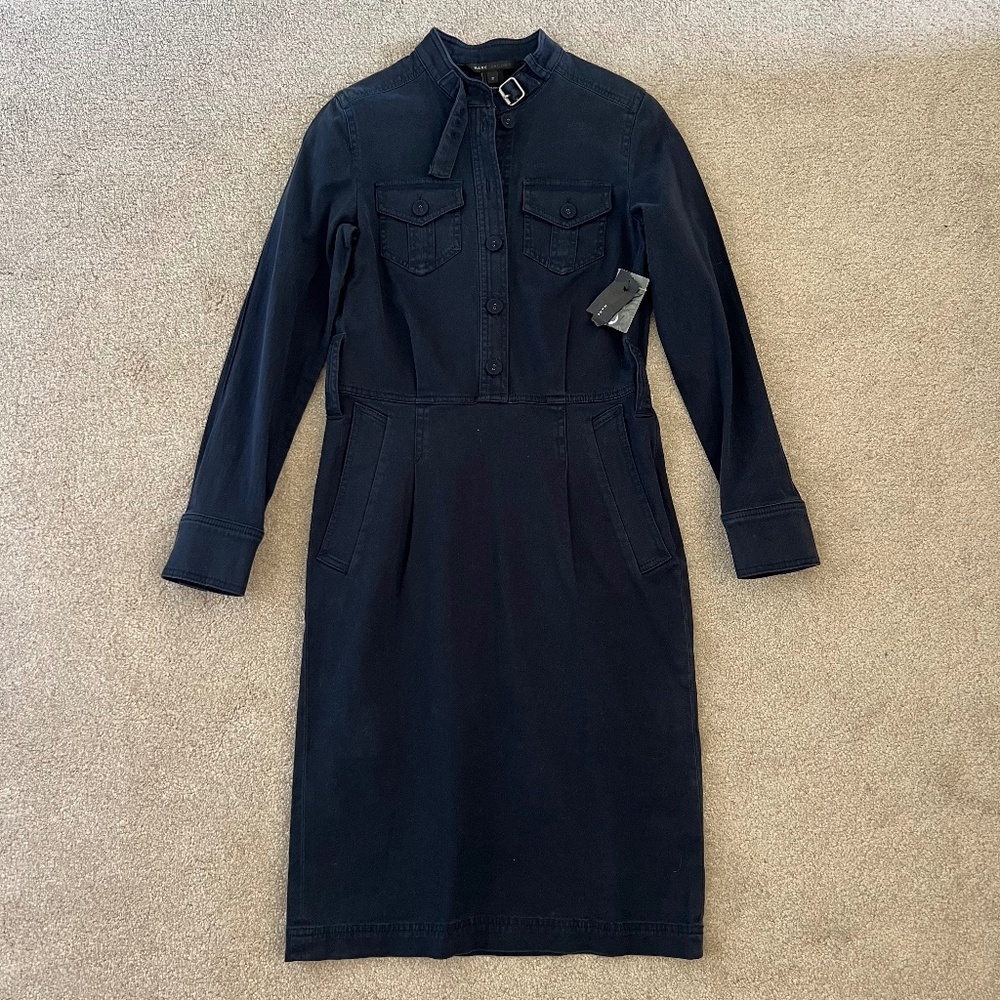 NWT Marc Jacobs Navy Blue Cotton Utility Long Sleeve Sheath Dress in Size 2